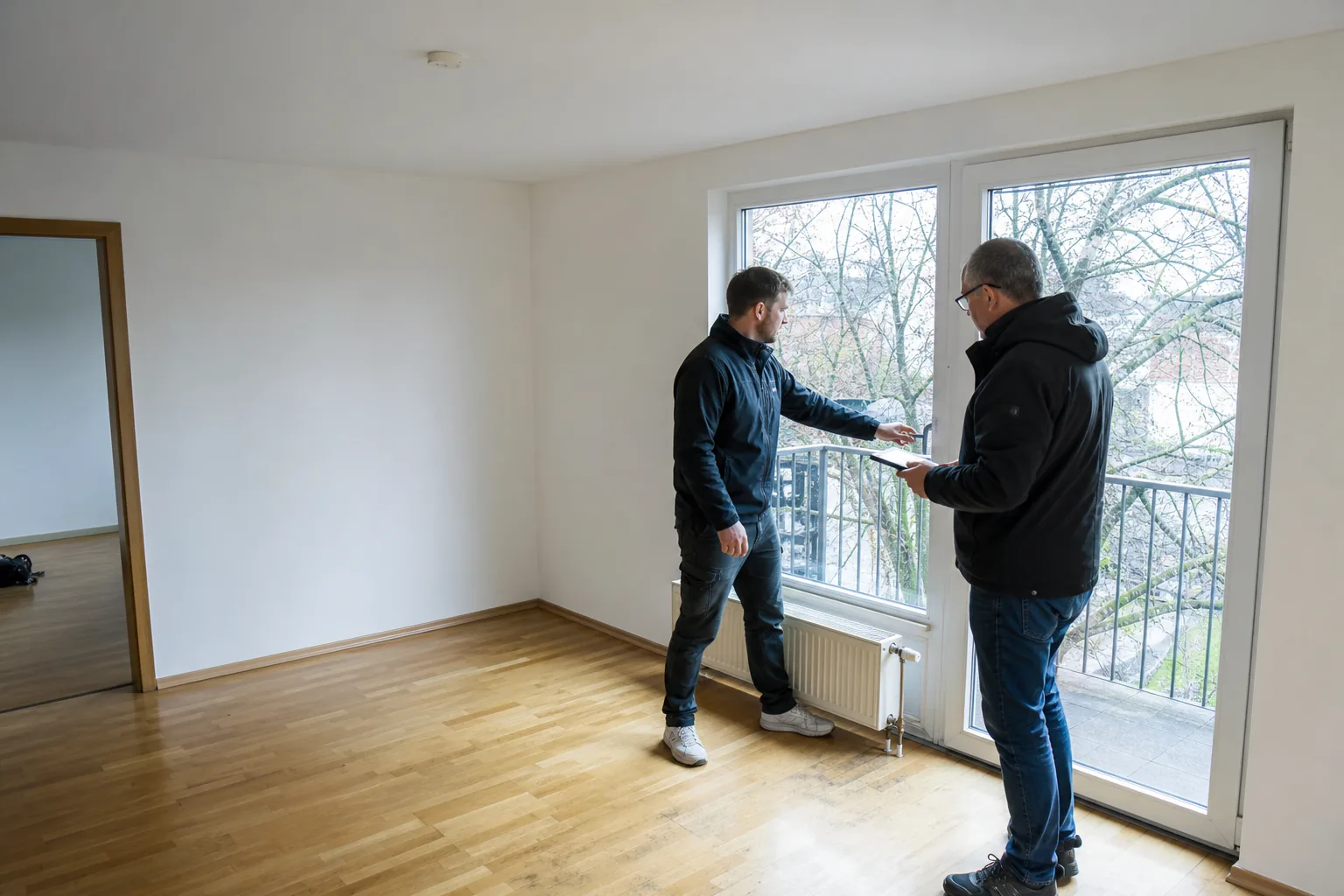Vermieter und Mieter prüfen bei der Auszugsübergabe gemeinsam eine Balkontür.