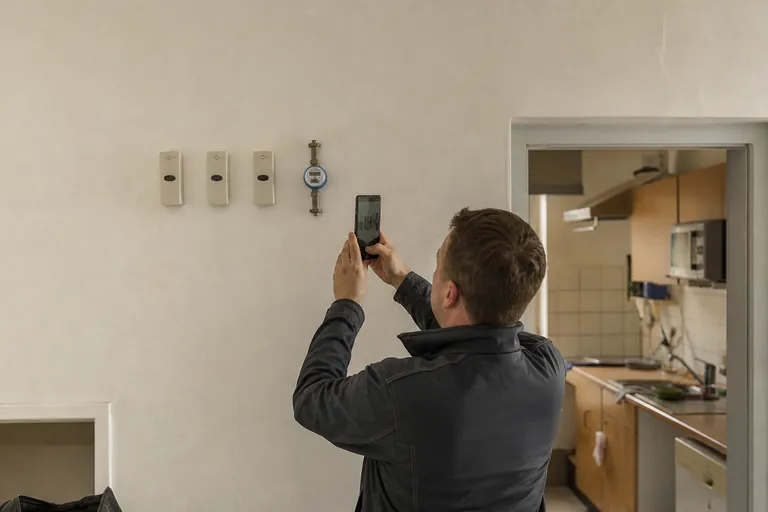 Eine Person fotografiert Heizkostenverteiler und Wasserzähler in einer Wohnung.
