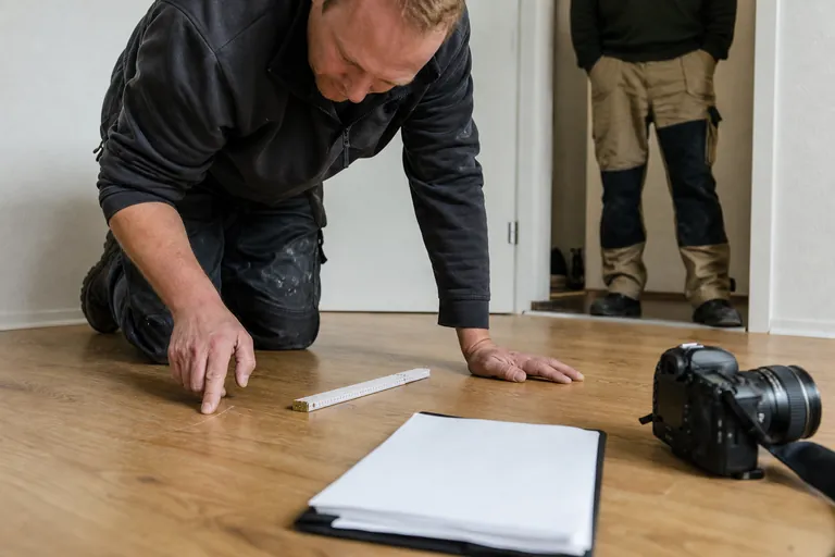 Ein Kratzer auf einem Holzboden wird mit Maßband und Foto dokumentiert.