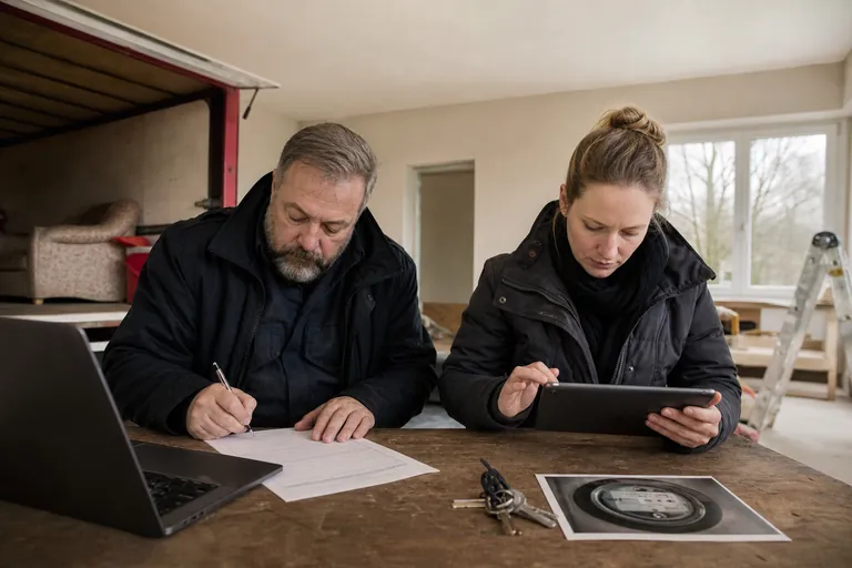 Papierformular, PDF auf Laptop und Tablet für die Dokumentation einer Wohnungsübergabe.