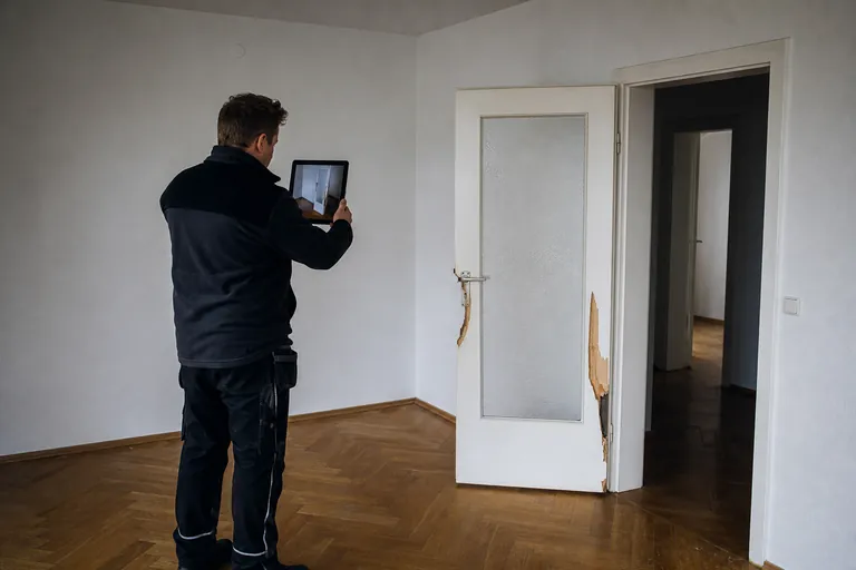 Eine beschädigte Innentür wird bei einem Wohnungswechsel mit einem Tablet fotografiert.