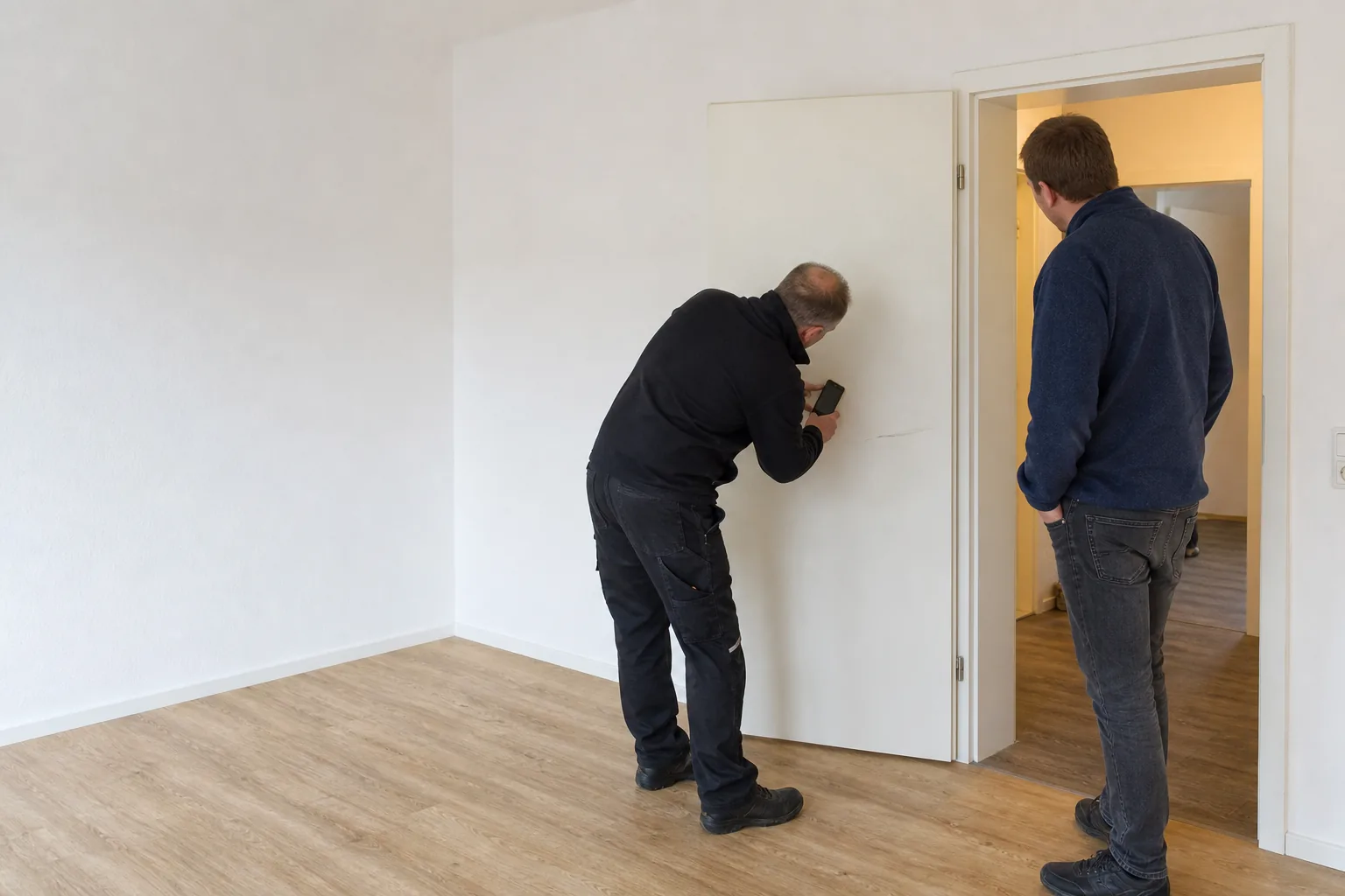 Vermieter dokumentiert einen Schaden an einer Innentür bei der Wohnungsübergabe