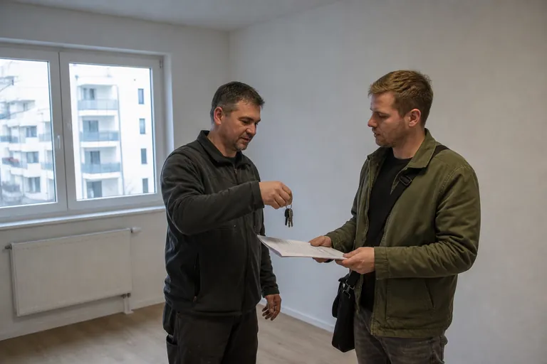 Vermieter überreicht bei Einzug ein Dokument und Wohnungsschlüssel an einen Mieter.